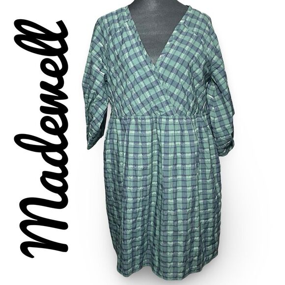 MADEWELL Marianna Puff-Sleeve Dress in Plaid, Oversized, Pockets, Size Medium - Picture 1 of 12